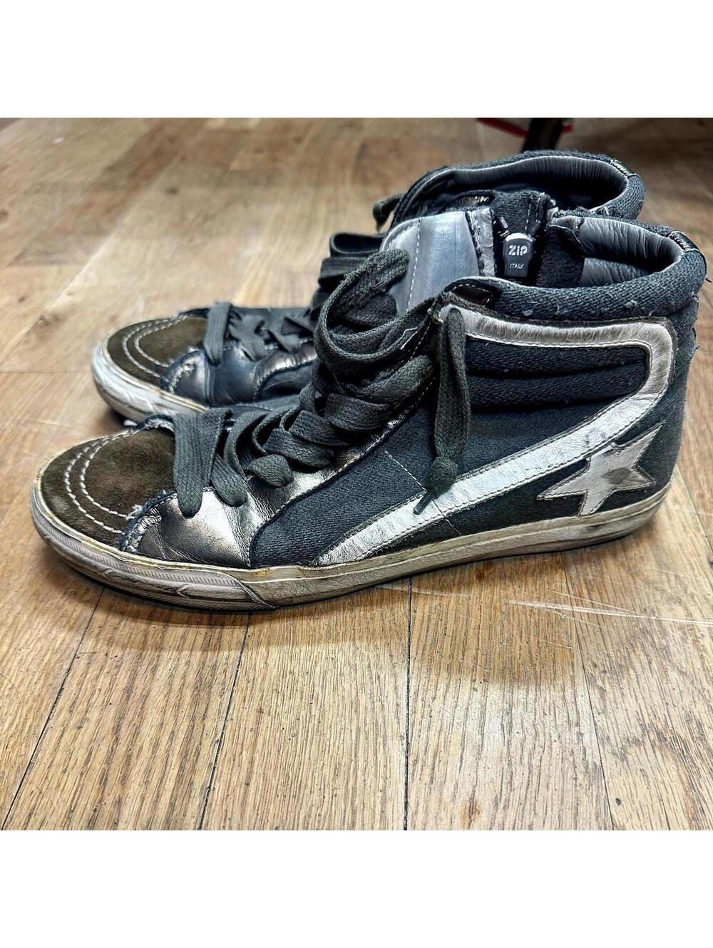 Golden Goose GGDB Slide High Tops Khaki&Olive Suede Silver Star US 5–5.5